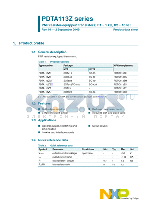 PDTA113Z datasheet - PNP resistor-equipped transistors; R1 = 1 kW, R2 = 10 kW