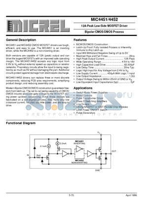 MIC4451BN datasheet - 12A-Peak Low-Side MOSFET Driver Bipolar/CMOS/DMOS Process