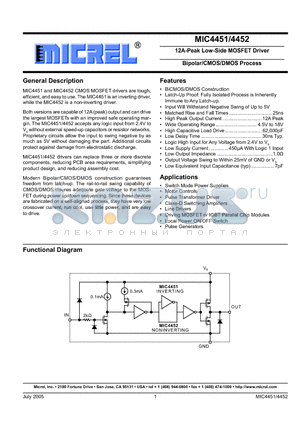 MIC4452BM datasheet - 12A-Peak Low-Side MOSFET Driver