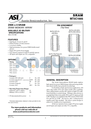 MT5C1005C-20L/IT datasheet - 256K x 4 SRAM SRAM MEMORY ARRAY