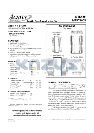 MT5C1005C-20/883C datasheet - 256K x 4 SRAM SRAM MEMORY ARRAY