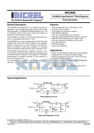 MIC4680 datasheet - 1A 200kHz SuperSwitcher Buck Regulator Final Information