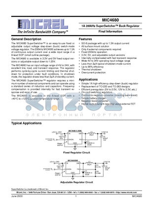 MIC4680-5.0BM datasheet - 1A 200kHz SuperSwitcher Buck Regulator Final Information