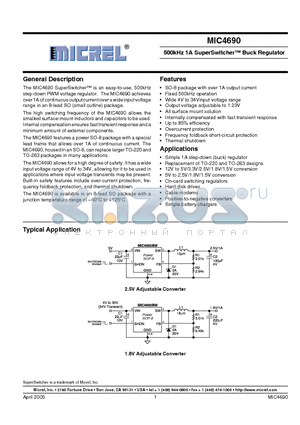 MIC4690YM datasheet - 500kHz 1A SuperSwitcher Buck Regulator