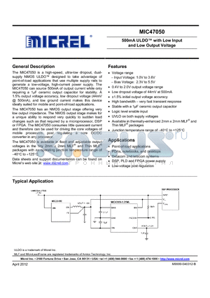 MIC47050-1.2YMT datasheet - 500mA ULDO with Low Input and Low Output Voltage