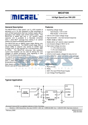 MIC47100-1.0YMME datasheet - 1A High Speed Low VIN LDO