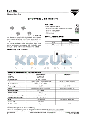 RMK22N100RD0016 datasheet - Single Value Chip Resistors