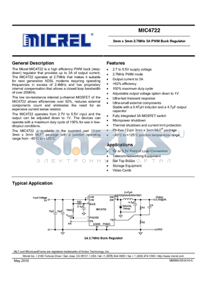 MIC4722YML datasheet - 3mm x 3mm 2.7MHz 3A PWM Buck Regulator