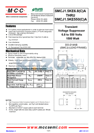 SMCJ1.5KE10CA datasheet - Transient Voltage Suppressor 6.8 to 550 Volts 1500 Watt