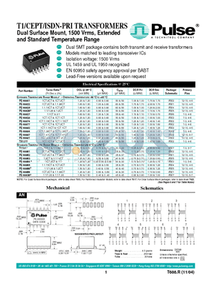 T1021 datasheet - T1/CEPT/ISDN-PRI TRANSFORMERS Dual Surface Mount, 1500 Vrms, Extended and Standard Temperature Range