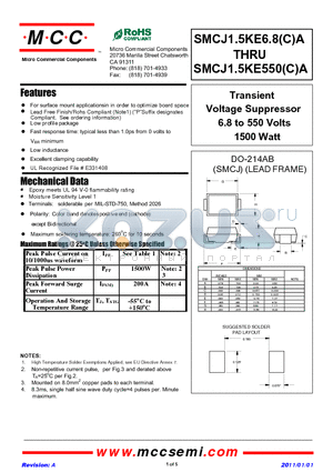 SMCJ1.5KE12CA datasheet - Transient Voltage Suppressor 6.8 to 550 Volts 1500 Watt