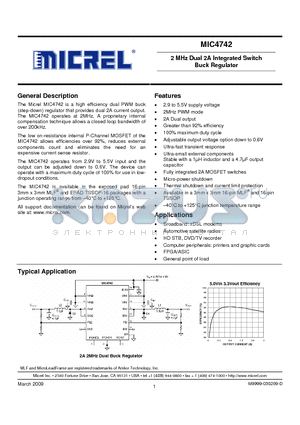 MIC4742YML datasheet - 2 MHz Dual 2A Integrated Switch Buck Regulator