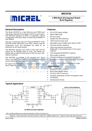 MIC4742YTSE datasheet - 2 MHz Dual 2A Integrated Switch Buck Regulator