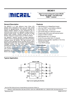 MIC4811 datasheet - High Current 6 Channel Linear WLED Driver with DAM and Ultra Fast PWM Control