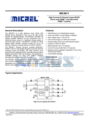 MIC4811YMM datasheet - High Current 6 Channel Linear WLED Driver with DAM and Ultra Fast PWM Control