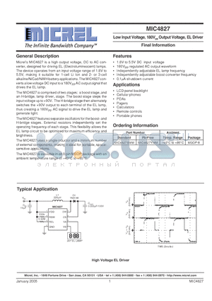 MIC4827 datasheet - Low Input Voltage, 180VPP Output Voltage, EL Driver