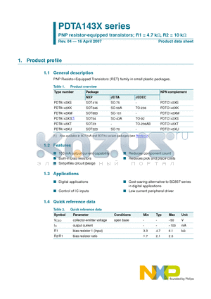 PDTA143XK datasheet - PNP resistor-equipped transistors; R1 = 4.7 kW, R2 = 10 kW