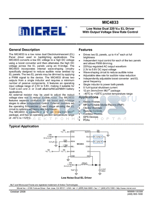 MIC4833YML datasheet - Low Noise Dual 220 VPP EL Driver With Output Voltage Slew Rate Control
