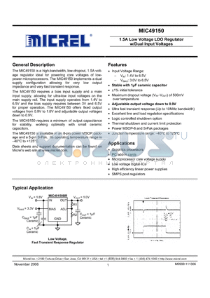 MIC49150-0.9WR datasheet - 1.5A Low Voltage LDO Regulator w/Dual Input Voltages