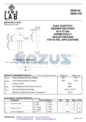 SB60-60 datasheet - DUAL SCHOTTKY BARRIER RECTIFIER IN A TO-258 HERMETICALLY SEALED PACKAGE FOR HI-REL APPLICATIONS