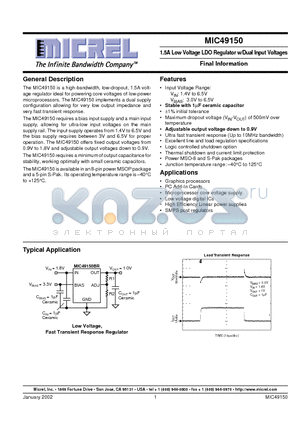 MIC49150BR datasheet - 1.5A Low Voltage LDO Regulator w/Dual Input Voltages