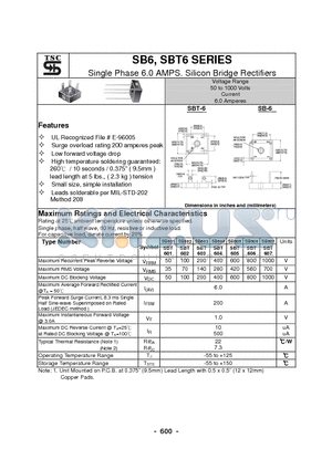 SB601 datasheet - Single Phase 6.0 AMPS. Silicon Bridge Rectifiers