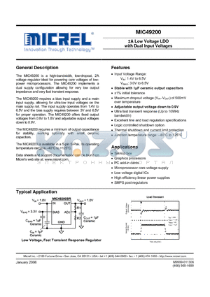 MIC49200-1.0WR datasheet - 2A LOW VOLTAGE LDO WITH DUAL INPUT VOLTAGES