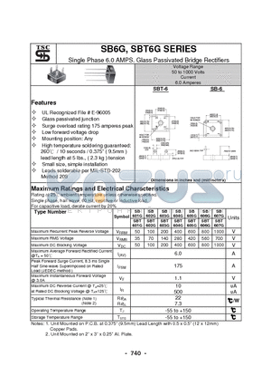 SB601G datasheet - Single Phase 6.0 AMPS. Glass Passivated Bridge Rectifiers
