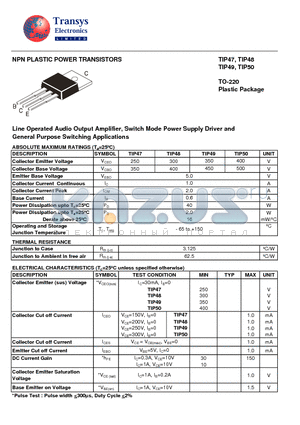 TIP49 datasheet - NPN PLASTIC POWER TRANSISTORS