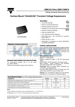 SMCJ100 datasheet - Surface Mount TRANSZORB^ Transient Voltage Suppressors