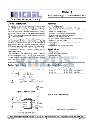 MIC5011 datasheet - Minimum Parts High- or Low-Side MOSFET Driver
