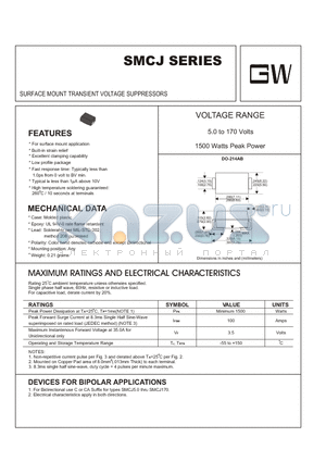 SMCJ100A datasheet - SURFACE MOUNT TRANSIENT VOLTAGE SUPPRESSORS