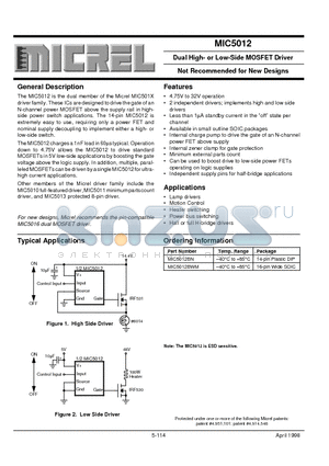 MIC5012BN datasheet - Dual High- or Low-Side MOSFET Driver Not Recommended for New Designs