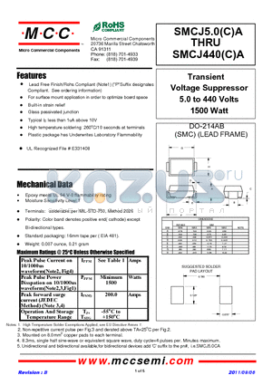 SMCJ100A datasheet - Transient Voltage Suppressor 5.0 to 440 Volts 1500 Watt