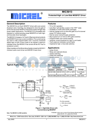 MIC5013BN datasheet - Protected High- or Low-Side MOSFET Driver