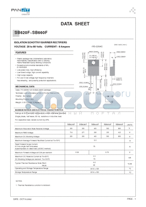 SB620F datasheet - ISOLATION SCHOTTKY BARRIER RECTIFIERS(VOLTAGE 20 to 60 Volts CURRENT - 6 Ampere)