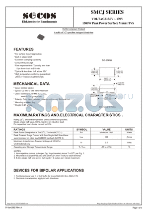 SMCJ100CA datasheet - 1500W Peak Power Surface Mount TVS