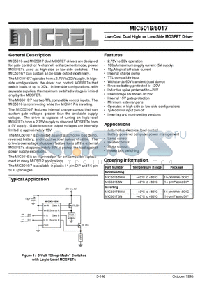 MIC5016 datasheet - Low-Cost Dual High- or Low-Side MOSFET Driver