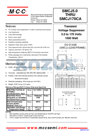 SMCJ10A datasheet - Transient Voltage Suppressor 5.0 to 170 Volts 1500 Watt