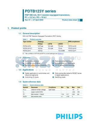 PDTB123YK datasheet - PNP 500 mA, 50 V resistor-equipped transistors