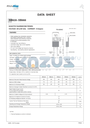 SB630 datasheet - SCHOTTKY BARRIER RECTIFIERS(VOLTAGE 20 to 60 Volts CURRENT - 6 Ampere)