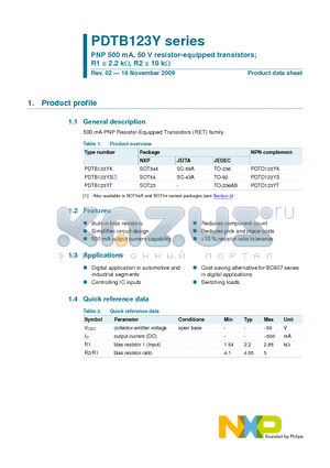 PDTB123YS datasheet - PNP 500 mA, 50 V resistor-equipped transistors; R1 = 2.2 kY, R2 = 10 kY