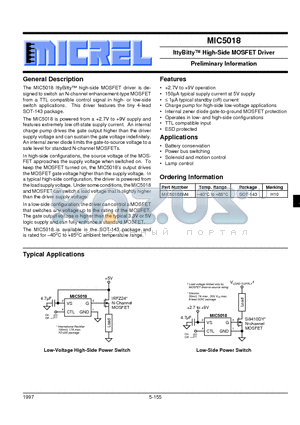 MIC5018 datasheet - IttyBitty High-Side MOSFET Driver Preliminary Information