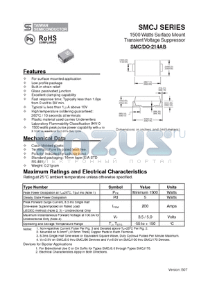 SMCJ10A datasheet - 1500 Watts Surface Mount Transient Voltage Suppressor