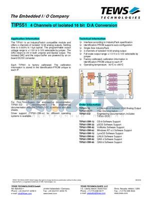 TIP551-SW-12 datasheet - 4 Channels of Isolated 16 bit D/A Conversion