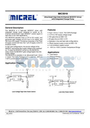 MIC5019YFT datasheet - Ultra-Small High-Side N-Channel MOSFET Driver with Integrated Charge Pump