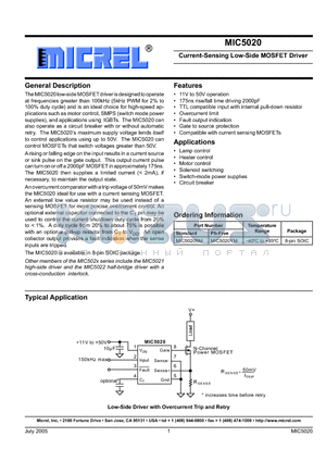 MIC5020 datasheet - Current-Sensing Low-Side MOSFET Driver