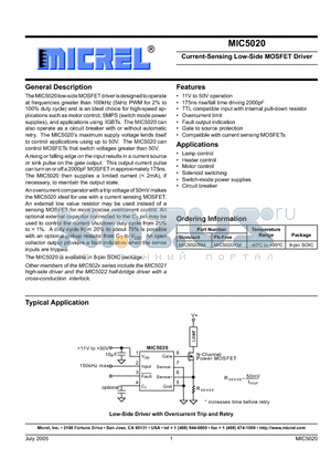 MIC5020BM datasheet - Current-Sensing Low-Side MOSFET Driver