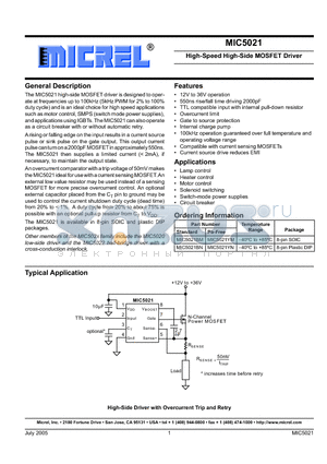 MIC5021 datasheet - High-Speed High-Side MOSFET Driver