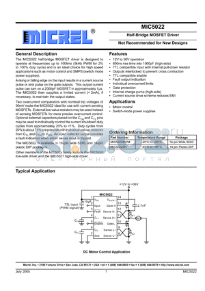 MIC5022BN datasheet - Half-Bridge MOSFET Driver